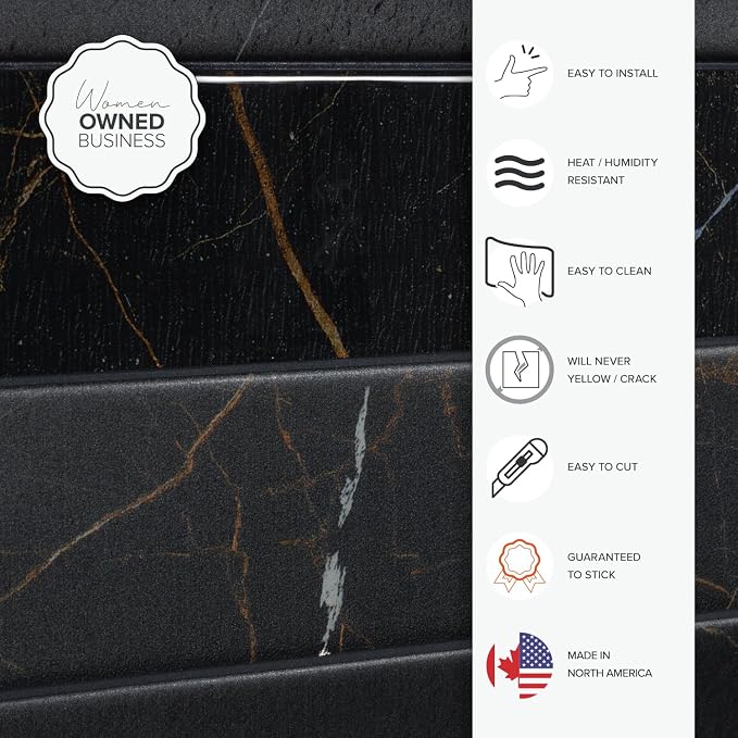Smart Tiles Peel and Stick backsplash, Subway Marquina Black, 22.56"x11.57" | Pack of 5 (6.8 sq ft), Matte & Glossy, Heat/Moisture Resistant, Low VOC, Kitchen/Bathroom, Renter Friendly, Made in Canada