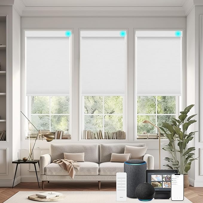 Changshade Smart Roller Shade with Remote Control Blackout Automatic Window Shades for Home Custom Size Motorized Blinds for Windows Work with Alexa,Google Home,Apple Homekit, White