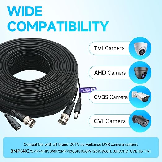 300Ft (91 Meters) 4K 8MP 5MP 2MP 1080P BNC Video and Power Cable, Mini RG59 Wire for CCTV Security Camera Systems, with BNC Connector, RCA Adapter, Cable Clips (Pack of 2)