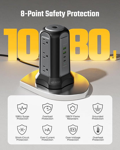 Power Strip Tower Surge Protector, SUPERDANNY Desktop Charging Station, 10 Ft Extension Cord, 9 Outlets, 4 USB Ports, 1080 Joules, 3-Prong, Grounded, Multiple Protections for Home, Office, Black