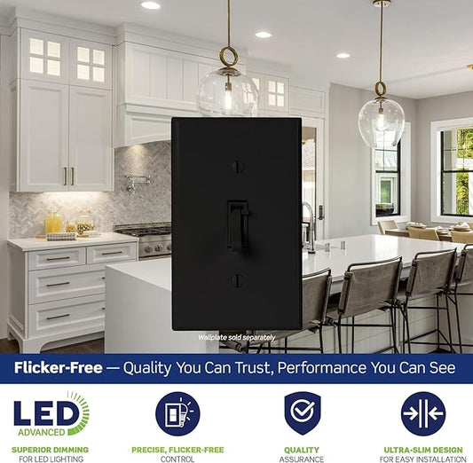 Leviton Toggle Slide LED Advanced Dimmer Switch for 150W Dimmable LED, Halogen and Incandescent Bulbs and Fixtures, TSL01-10E, Black