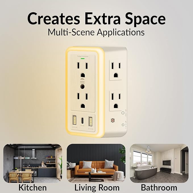 WBM Smart Multi Plug Outlet, Surge Protector, 6-Outlet Extender with 2 USB Charging Ports, USB-C and Night Light, 3-Sided Power Strip with Adapter Spaced Outlets - White