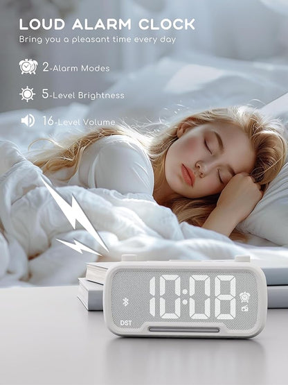 ROCAM Clock Radio, FM Radio Alarm Clock for Bedroom Modern Design, Auto Scan 20 Presets Auto-Off Sleep Timer, Bluetooth Speaker, Night Light, USB Ports, Brightness Dimmer