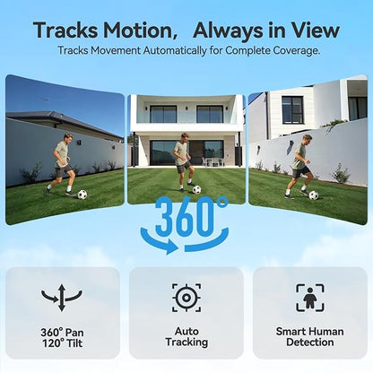 MUBVIEW 24/7 Continuous Recording Wireless Outdoor Security Camera, 2.4G WiFi, 2K Solar Powered, 360° PTZ, Auto Tracking, SD Included, Optional Cloud Storage, AI Detection, Night Vision(Black,1 Pack)