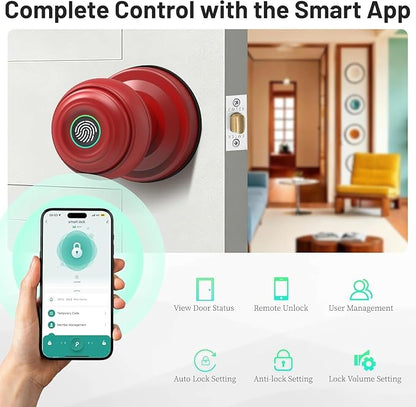 Smart Fingerprint Door Lock with Tuya App Control, Keyless Entry Lock with Backup Key, Auto-Lock, Easy Install for Home, Apartment, Office Red