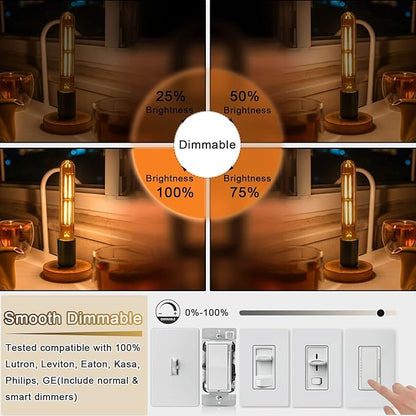 7.3 Inch 2200K Edison Bulbs Amber Dimmable,Vintage Style Decorative Antique Light Bulb,T10 Long Tubular LED Light Bulbs,6W E26 LED Bulb 80 Watt,UL Certified(4 Pack)