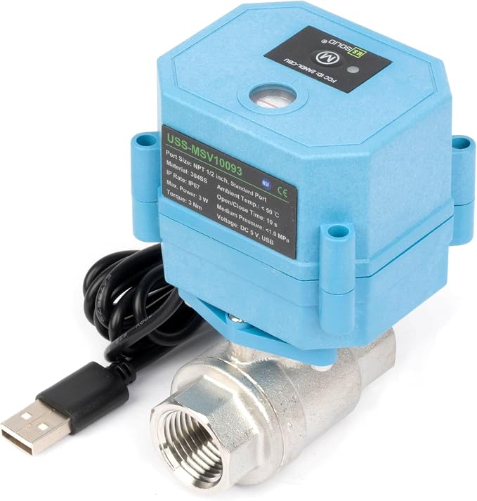 Motorized Ball Valve 1/2 in NPT U.S. Solid WiFi Smart 304 Stainless Steel 2-Way Electric Actuated USB Powered NSF Certified for Water Irrigation