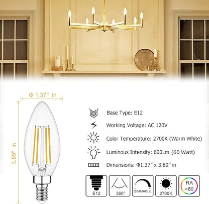 Cotanic Dimmable Candelabra LED Bulb 2700K Warm White,E12 Base Ceiling Fan Light Bulb 60W Equivalent, Type B Light Bulb with Candle Shape,C35 Filament Chandelier Light Bulb Clear Glass,600LM,6 Pack