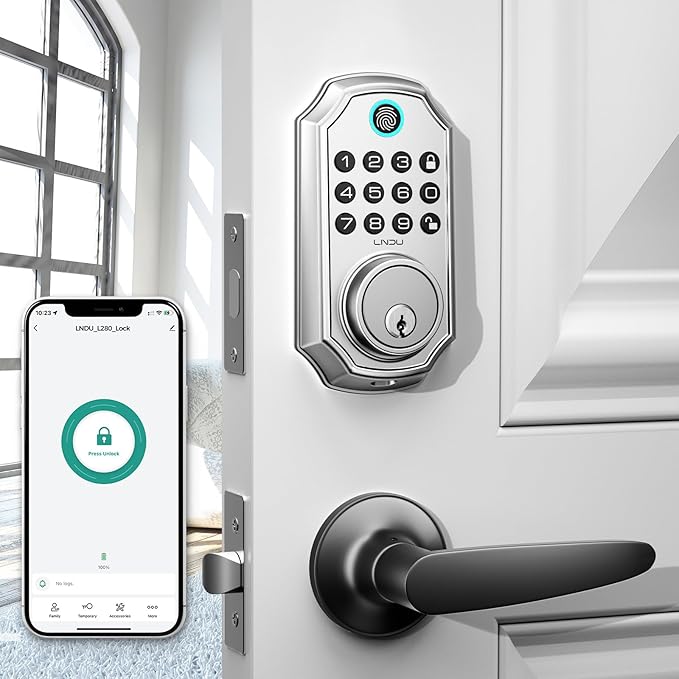 Keyless Entry Door Lock, Smart Deadbolt Lock with Handleset D180 & D280 (Fingerprint & Leveler) (Metallic)