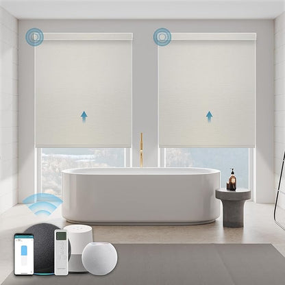 Motorized Blinds with Remote,100% Blackout Automatic Roller Shade Compatible with Alexa Google Homekit Thread,Electric Blind for Window,Vinyl Beige