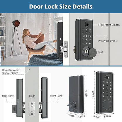 Smart Door Lock with Fingerprint & Keyless Entry, Tuya Smart Devices Compatible, Bluetooth Touchscreen Keypad, for Home Security & Smart House Automation, Easy Installation for Wood Doors