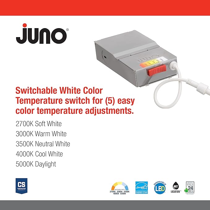Juno LED Shower Light, Adjustable 6 Inch Wafer Downlight, Switchable Color Temperature 2700K/3000K/3500K/4000K/5000K, 90+ CRI, Matte White, 6-Inch