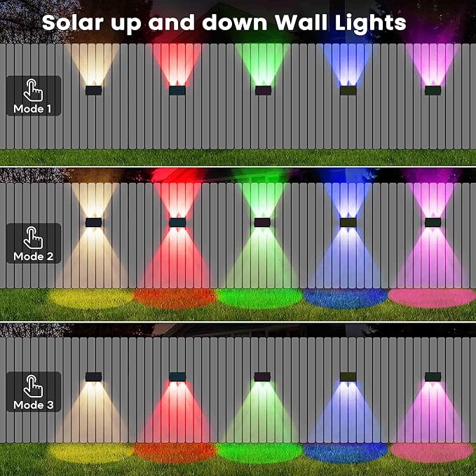 Fence Lights Solar Powered, 8-Pack Solar Fence Lights Up/Down Flexible Buttons, IP67 Waterproof for Outdoor, 100LM Bright, Auto Dusk to Dawn for Wall/Stairs/Yard/Railing/Deck/Pathway (White & RGB)