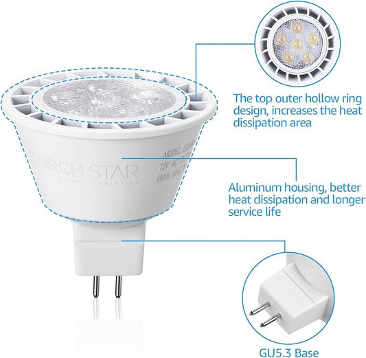 TORCHSTAR MR16 LED Bulb Dimmable, Aluminum, 12V 7W, GU5.3 Bi-Pin Base Spotlight, UL Listed, LED MR16 Light Bulbs for Recessed Track Lighting, 5000K Daylight, Pack of 6