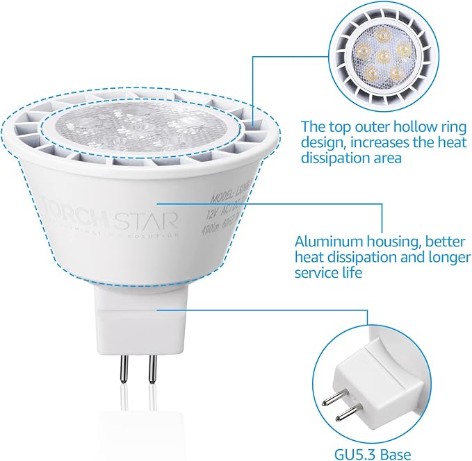 TORCHSTAR MR16 LED Bulb Dimmable, Aluminum, 12V 7W, GU5.3 Bi-Pin Base MR16 LED Spotlight, UL Listed, Spot Light Bulbs for Recessed Track Lighting, 3000K Warm White, Pack of 6