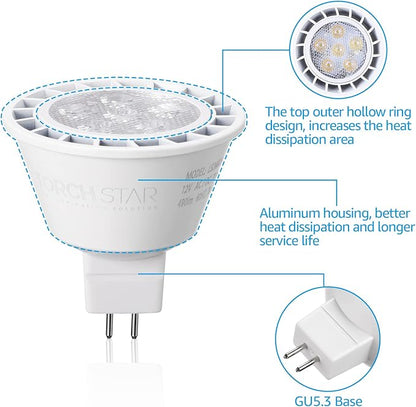TORCHSTAR MR16 LED Bulb Dimmable, Aluminum, 12V 7W, GU5.3 Bi-Pin Base MR16 LED Spotlight, UL Listed, Spot Light Bulbs for Recessed Track Lighting, 3000K Warm White, Pack of 6