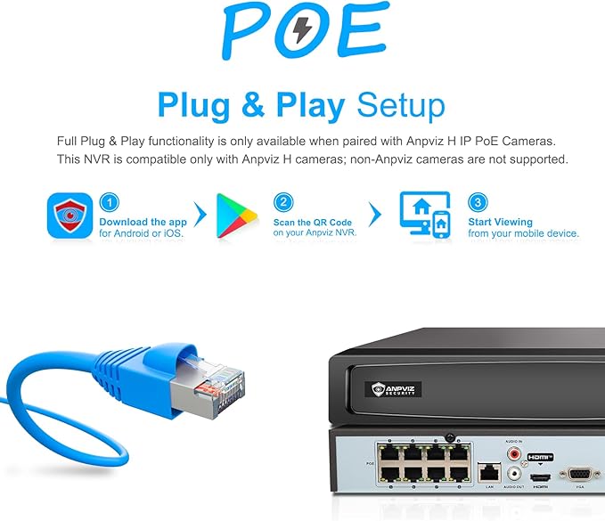 Anpviz AI 12MP 8CH POE NVR (12MP/8MP/6MP/5MP/4MP) Smart AI POE Network Video Recorder - Supports up to 8 x 12MP POE Cameras, 8-Channel Power Over Ethernet (Not Included HDD) NVR7608Q1-8P (H Series)