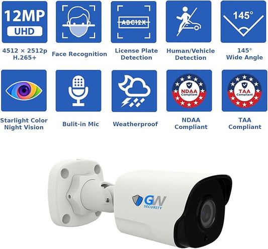 GW Security 8 Channel NVR UltraHD 12MP 6K Face/Human/Vehicle Detection PoE Security Camera System with 4 x 6K 12MP IP Microphone Outdoor/Indoor Smart AI Bullet Cameras, Color Night Vision