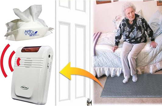 Smart Caregiver Economy Cordless Fall Monitor and Cordless Floor Mat Sensor Bundle with Pouch of 30 Cleaning Wipes