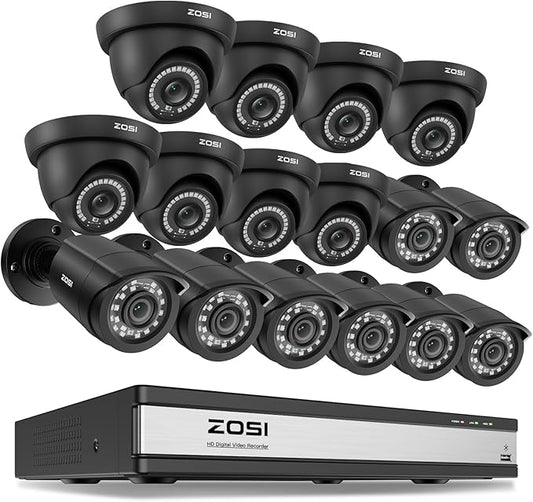 ZOSI 16CH 3K Lite Security Camera System Indoor Outdoor, AI Human Vehicle Detection, Night Vision, H.265+ 16 Channel CCTV DVR with 16pcs 1080p Weatherproof Surveillance Wired Cameras (No Hard Drive)