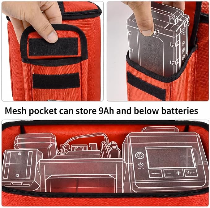 Air Compressor Bag for Milwaukee M18 Inflator 2848-20/2771-20 | Oxford Fabric, Dual Battery Pockets for 3.0-9.0Ah Packs, Accessory Organization for Garage and Vehicle, Red, Case Only