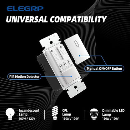 ELEGRP Occupancy Motion Sensor Light Switch, PIR Infrared Motion Activated Wall Switch, No Neutral Wire, Single Pole for CFL/LED/Incandescent Bulb, with Wall Plate, UL Listed (10 Pack, Matte White)