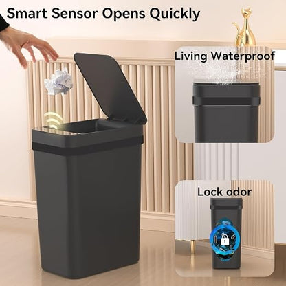 FRESHLIX 3 Pack Bathroom Trash Can 2.6 Gallon Small Touchless Automatic Motion Sensor Trash Cans Slim Waterproof Garbage Bin with Lid for Kitchen, Office, Bedroom Black