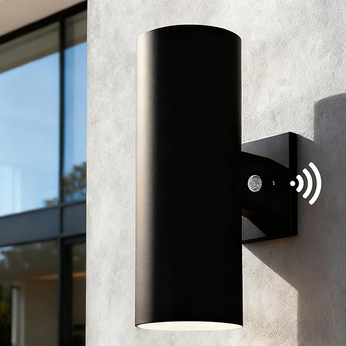 Dusk to Dawn Outdoor Wall Lights, 12'' Up and Down LED Cylinder Exterior Lighting Fixtures, 23W 3000K IP65 Waterproof Wall Sconces for House, Garage, Patio, Porch, Black