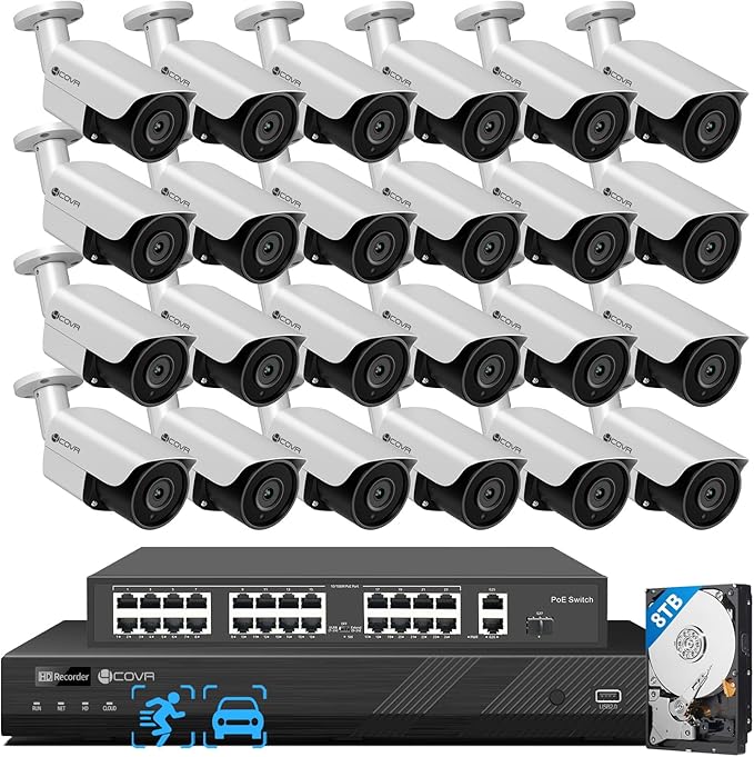 4COVR 4K 32 Channel Security Camera System PoE, 24X 8MP Commercial Bullet IP Camera IP67 Outdoor, IR Night Vision, H.265 NVR 8TB HDD, AI Person/Vehicle Detection, Business Surveillance, LY37EX8M3224-1