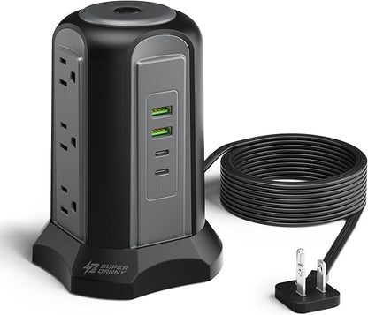 Power Strip Tower Surge Protector, SUPERDANNY Desktop Charging Station, 10 Ft Extension Cord, 9 Outlets, 4 USB Ports, 1080 Joules, 3-Prong, Grounded, Multiple Protections for Home, Office, Black