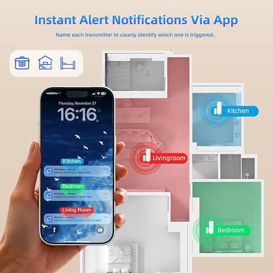 PHYSEN WiFi Door Sensor, Smart Window Alarm with App Alert, 500ft Range, 32 Chimes, Free-App-Notification