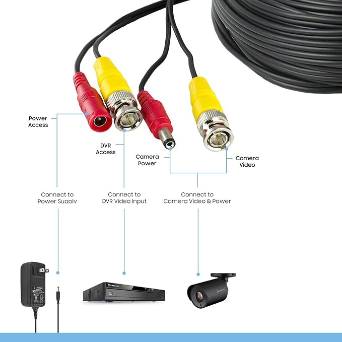 Amcrest 4K Security Camera Cable 100FT BNC Cable, Camera Wire CCTV, Pre-Made All-in-One Video and Power Cable for Security Camera, HDCVI, HDTVI Camera, Analog, DVR (SCABLE4K100B-PP)