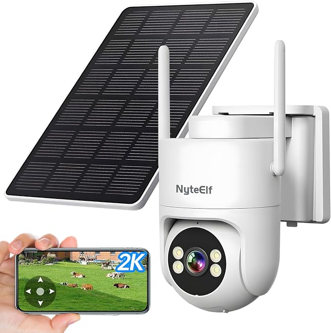 4G LTE Solar Security Camera, 2K Color Night Vision, No WiFi Needed,8W Solar & Battery Powered, Low Power, 24/7 AOV Recording,355° PTZ, AI Human Detection, IP66 Waterproof (White, 1 Lens)