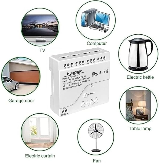 EWeLink 4CH 85-250V Smart WiFi Switch Controller, APP Remote Control,Bluetooth RF Remote Control, Point/Self-Locking/Interlocking, Compatible with Alexa