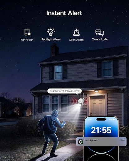 CAMCAMP Wireless Security Camera Outdoor, APP Remote Access, AUTO Tracking | Pan&Tilt Full View for Home, Color Night Vision, Alerts, 2-Way Audio, 2.4G&5G WiFi Support Could/SD card Storage Not included