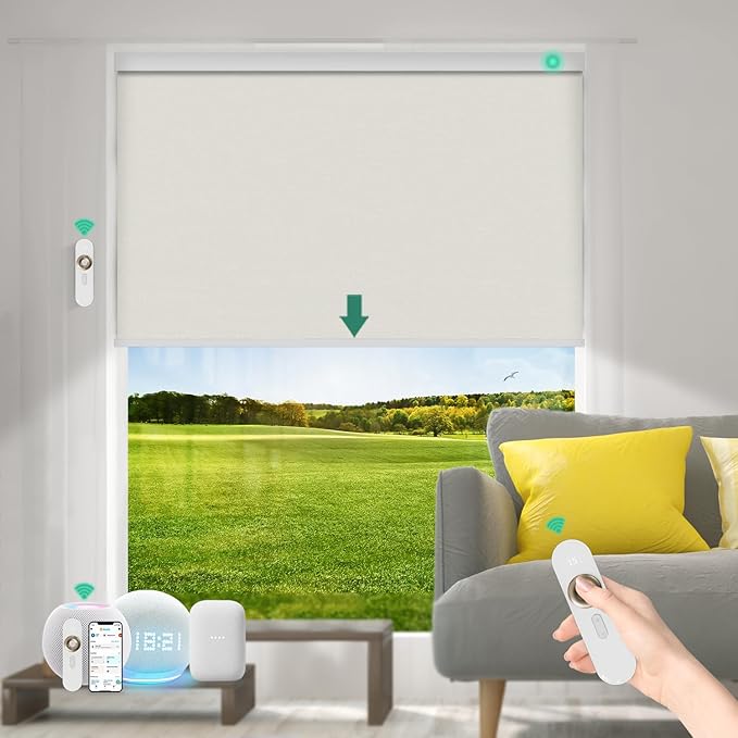Motorized Blinds with Remote [100% Blackout & Silent Motor] Smart Blinds Compatible with Alexa Google HomeKit, Electric Roller Shades for Indoor Windows, Customized Size, Mist Frost White