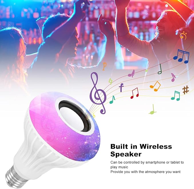 AYNEFY Music Bulb, Smart Music LED Bulb RGBW Color Changing LED Speaker Light E26 Base Remote Control with 12 Color Lights for Home Bar Bedroom Restaurant