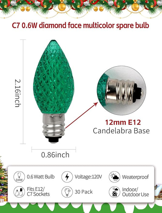 30-Pack C7 LED Replacement Christmas Light Bulbs, Shatterproof Cool White Bulbs for Outdoor String Lights, 0.6W Energy Saving, E12 Base, Modern & Functional Holiday Lighting