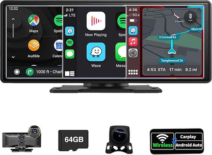 SCUMAXCON 10.26" Portable Car Stereo Wireless Carplay Android Auto 4K Dash Cam IPS Touchscreen Backup Camera Loop Recording GPS Navigation Bluetooth FM AUX Built in Speaker Car Audio Receiver