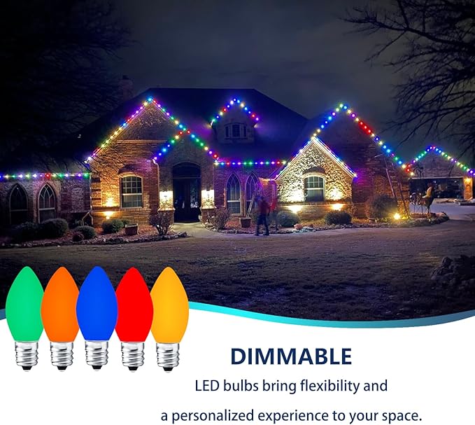 25 Pack C7 Multicolor LED Replaceable Bulbs – Dimmable Multicolor LED Christmas Lights Bulbs, 0.72W Indoor Outdoor Bulbs, Night Light, C7/E12, IP:65