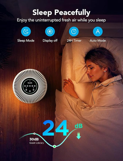 GoveeLife Smart Air Purifier for Home Large Room Up to 1524 sq.ft.with Washable Filter, Integrated PM 2.5 Air Quality Sensor,WiFi, Air Purifier for Smoke, Wildfire, Pet Hair,24dB, White