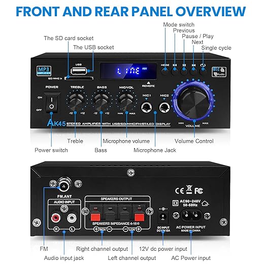 Bluetooth 5.0 Audio Amplifier Receivers-AK45 HiFi Stereo Mini Power Amplifier RMS 40W x 2 Max. 600W 2.0 Channel Home Theater Audio Components Speakers Amp W/MIC,USB, RCA,FM Radio