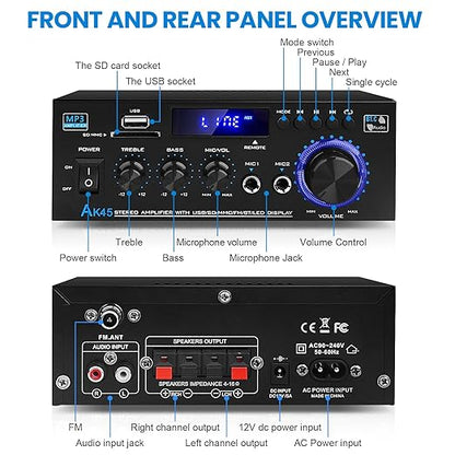 Bluetooth 5.0 Audio Amplifier Receivers-AK45 HiFi Stereo Mini Power Amplifier RMS 40W x 2 Max. 600W 2.0 Channel Home Theater Audio Components Speakers Amp W/MIC,USB, RCA,FM Radio