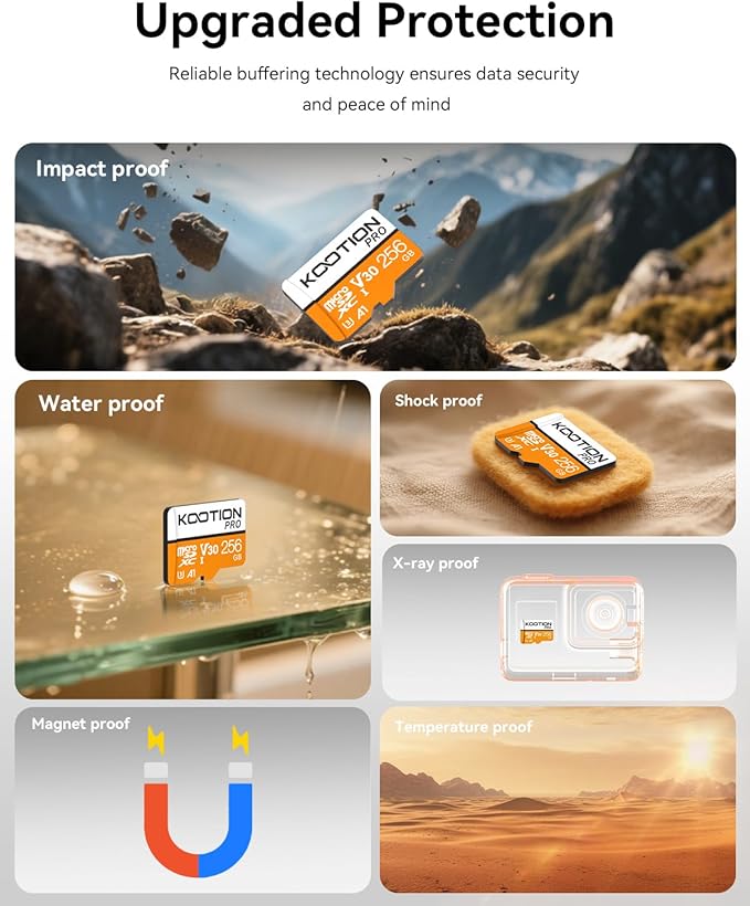 KOOTION Micro SD Card 256GB U3 TF Card with Adapter, V30, A1, Full HD, 4K UHD, UHS-I microSDXC Flash Memory Card for Smartphone