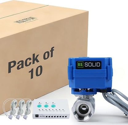 U.S. Solid Water Leak Detector with Auto Shut-Off Valve & Sound Alarm, 3/4" NSF Certified 304SS Motorized Ball Valve with 3 Sensors, for Water Heaters, Laundry & Flood Prevention(10 PCS)