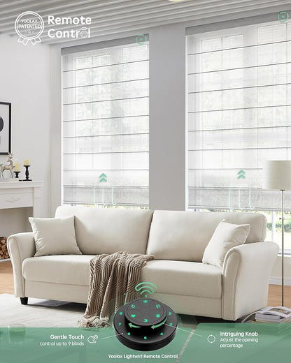 Yoolax Motorized Roman Shades with Remote, Smart Roman Shades for Windows, Semi Sheer Automatic Blinds Work with Alexa, Google, Apple Homekit for Living Room, Dining Room, Customized (Light Grey)