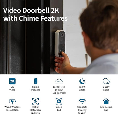Arlo Video Doorbell 2K + Chime 2 (2nd Gen, Latest Release), Wireless or Wired Option, 2-Way Audio, Night Vision, H (Renewed)