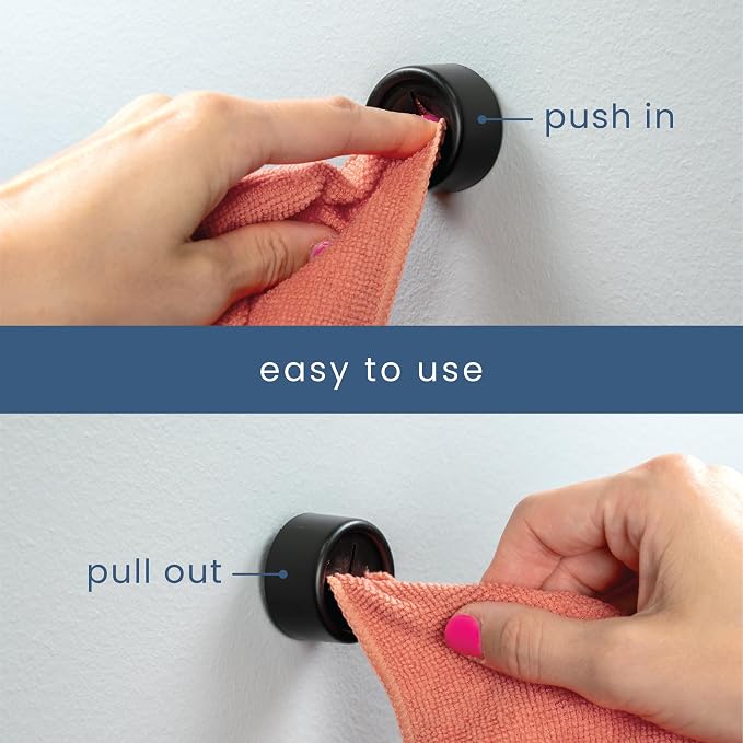 S&T INC. Adhesive Push Towel Hooks, 4 Pack, Matte Black | 2 Installation Options, Round Hooks for Kitchen, Bathroom, Garage and Home Use, Organization Hooks, Strong Grip