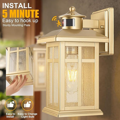 Brilvibera Outdoor Light Fixture Motion Sensor, Gold Waterproof Outside House Light, Modern Wall Lights, Outdoor Garage Light Dusk to Dawn Exterior Light Fixture for House, Garage, Garden