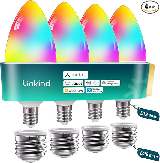 Linkind Matter E12/E26 Led Bulb, Color Changing Smart Light Bulbs, 4 Pack | Works with Alexa/Apple Home/Google Home, 500LM Candelabra Light Bulbs for Chandelier, 2.4G WiFi, with E26 to E12 Adapters